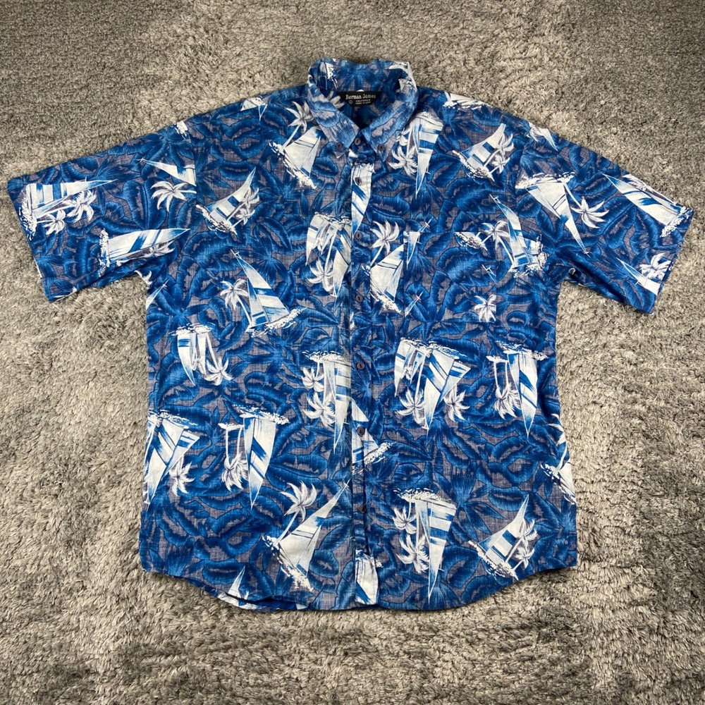 Vintage Norman James California Hawaiian Shirt Mens L Blue Button Down USA 70s‎